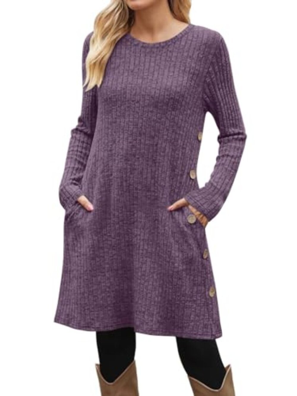 🆕 Women Casual Knit Dress with Pocket Fall Winter Ribbed Sweater Dresses Solid